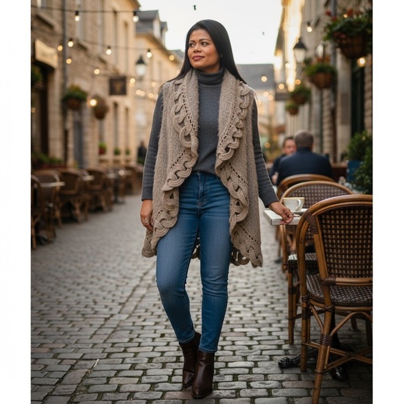 Monoreno Sweaters - MONOREN Crochet Knit vest/ jacket, Faux Fur Brown SZ L